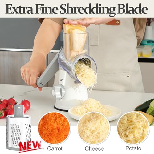 Cambom Rotary Cheese Grater Hand Crank Cheese Shredder for Fresh Cheese, Vegetable, Nuts,Non-slip Suction Base, Five Blades, White (Pack of 2) - Image 2