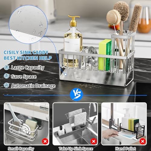 Cisily Sink Caddy Sponge Holder for Kitchen, 304 Stainless Steel Rustproof, Kitchen Sink Caddy with High Brush Holder, Dish Sponge Organizer with Divider(Silver) - Image 2