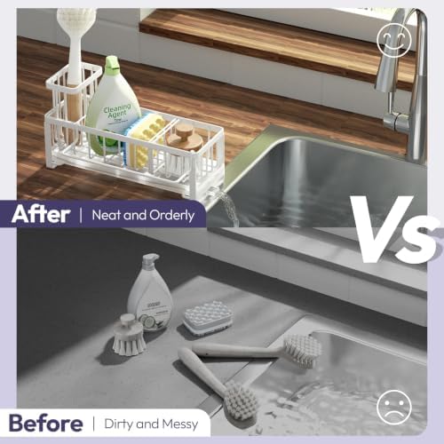 SWTYMIKI Sponge Holder for Kitchen Sink - Sink Caddy with Brush Holder Self-draining Sponge Caddy Organizer with Divider Stainless Steel Kitchen Accessories Storage for Countertop, White - Image 5
