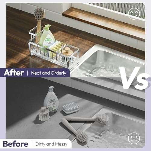 SWTYMIKI Sponge Holder for Kitchen Sink - Sink Caddy with Brush Holder Self-draining Sponge Caddy Organizer with Divider Stainless Steel Kitchen Accessories Storage for Countertop, Silver - Image 6