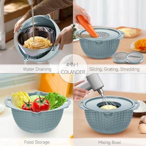 4-1 Strainer with Bowl & Spoons Set - Strainers and Colanders(Patented) - Colanders for kitchen - Food Strainer with New Upgraded Graters & Spoons - Fruit Bowl for Pasta Fruits Veggie- Blue - Image 2