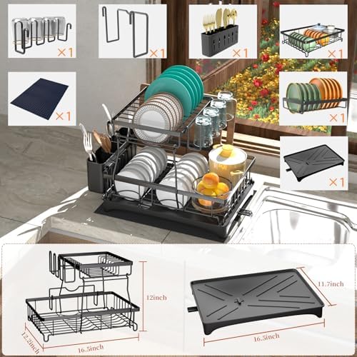 Godboat 2-Tier Dish Drying Rack - Dish Rack with Auto Drain-to-Sink & Mat - Image 4