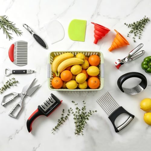 13-Piece Kitchen Gadget Set (Includes Storage Basket) — Features Kitchen Shears, Garlic Press, Knife Sharpener, Julienne Peeler, Standard Peeler, Anti-Scald Tongs (13 PCS) by Unknown