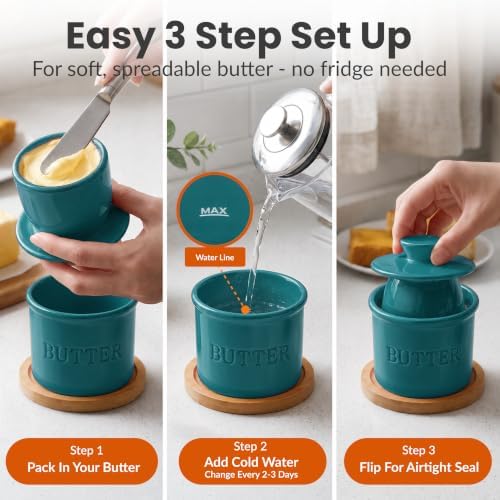 Priority Chef Butter Crock with Lid for Countertop with Spreader Knife and Water Line, Soft Spreadable Butter, Ceramic French Butter Dish with Lid, Teal Blue - Image 3