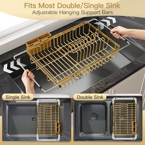 JASIWAY Gold Dish Drying Rack Over the Sink with Utensil Holder - Image 3