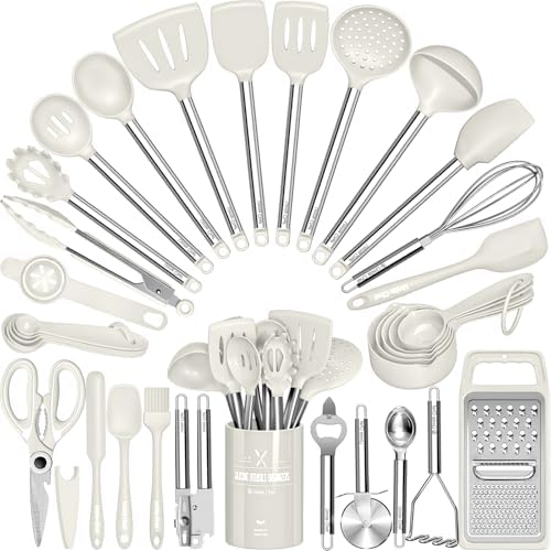 Kitchen Utensils Set-Umite Chef 34 Pcs Silicone Cooking Utensils Set for Nonstick Cookware-Silicone Spatulas Set, Stainless Steel Handle-White Kitchen Gadgets Tools, Pots and Pans Accessories by UmiteChef