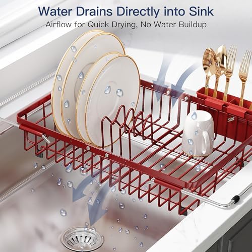 JASIWAY Red Dish Drying Rack Over the Sink with Utensil Holder - Image 6
