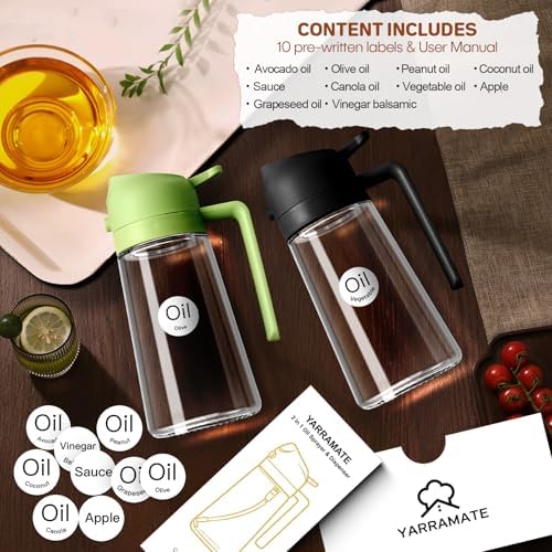YARRAMATE 16oz/470ml Glass Olive Oil Sprayer for Cooking with Stickers, 2 in 1 Oil Dispenser for Kitchen Gadgets, Food Grade Premium Spray Bottle with Portion Control for Salad, Frying, BBQ (Green) - Image 2