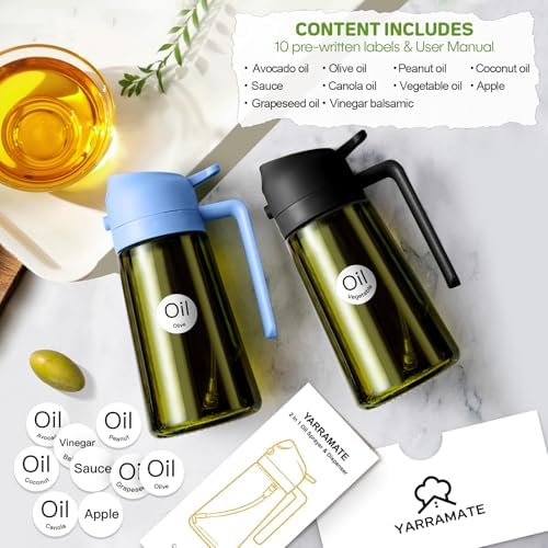 YARRAMATE 16oz/470ml Dark Green Oil Sprayer for Cooking with Stickers, Food-grade Premium 2 in 1 Olive Oil Dispenser Bottle for Kitchen Gadgets, Air Fryer, Salad, Frying, BBQ (SkyBlue) - Image 4