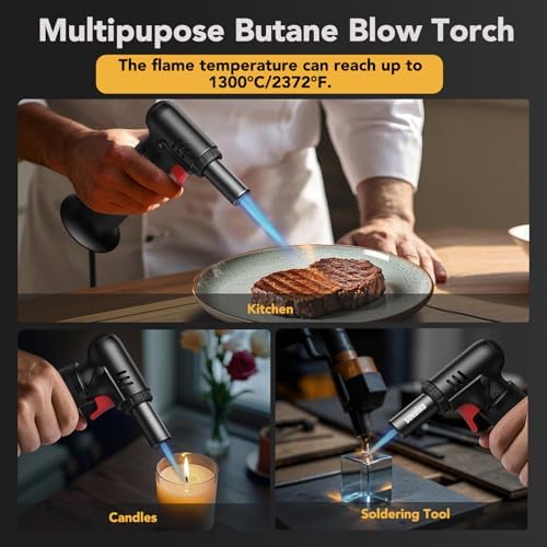 Sondiko Butane Torch, Refillable Soldering Torch with Visible Fuel Window | Kitchen Torch with Safety Lock & Continuous Flame Function for Caramel Pudding, Welding, Resin Art, Industrial Use (2 Pack) - Image 6