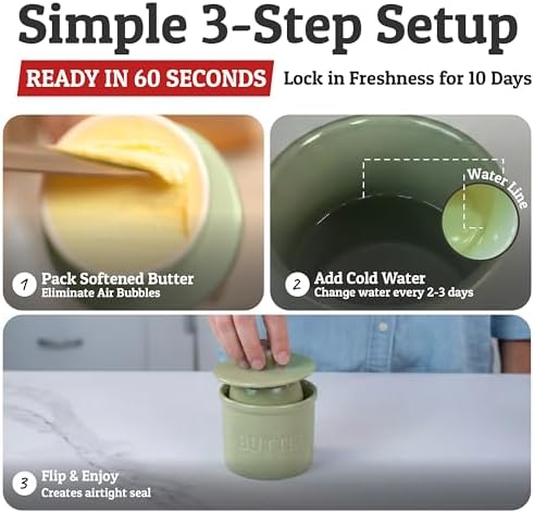 Priority Chef Butter Crock with Lid for Countertop with Spreader Knife and Water Line, Soft Spreadable Butter, Ceramic French Butter Dish with Lid, Sage - Image 3