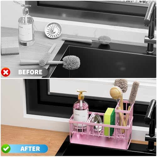 Cisily Pink Kitchen Sink Caddy Organzier with High Brush Holder, Sponge Holder for Sink, 304 Rustproof Stainless, Kitchen Countertop Soap Dispenser Organizer - Image 6
