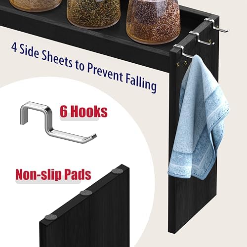 IIIOIIIA Bamboo Over the Stove Spice Shelf for Kitchen, 31.5" Spice Rack Organizer Shelf with 6 hooks, 11.4" Height Extra Storage Countertop, Easy to Assemble, Black - Image 7
