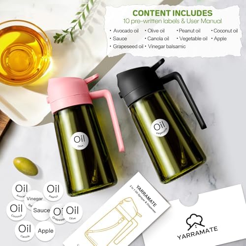 YARRAMATE 2Pcs 16oz/470ml Dark Green Oil Sprayer for Cooking with Stickers, Food-grade Premium 2 in 1 Olive Oil Dispenser Bottle for Kitchen Gadgets, Air Fryer, Salad, Frying, BBQ (Pink&Black) - Image 3