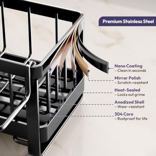 SWTYMIKI Sponge Holder for Kitchen Sink - Sink Caddy with Brush Holder Self-draining Sponge Caddy Organizer with Divider Stainless Steel Kitchen Accessories Storage for Countertop, Black - Image 6