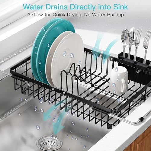 JASIWAY Black Dish Drying Rack Over the Sink with Utensil Holder - Image 6