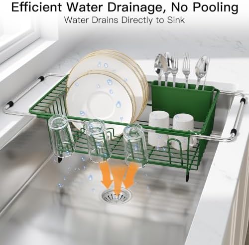 JASIWAY Green Dish Drying Rack in Sink, Dish Drainer with Utensil Holder - Image 6