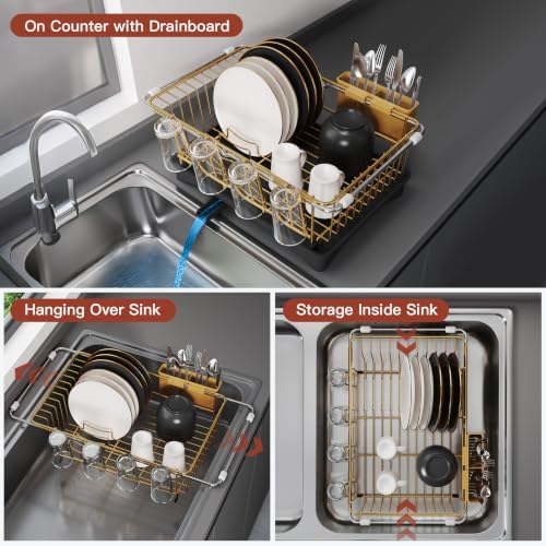 JASIWAY Gold Dish Drying Rack in Sink with Drainboard and Utensil Holder - Image 2