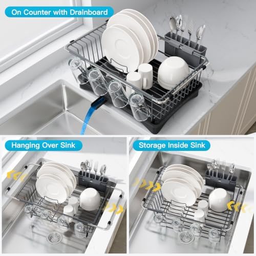 JASIWAY Gray Dish Drying Rack in Sink with Drainboard and Utensil Holder - Image 2