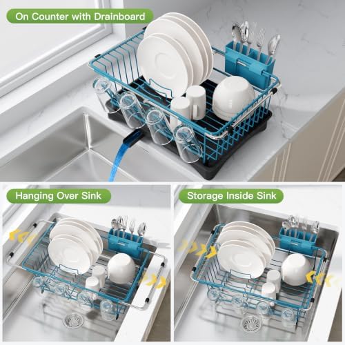 JASIWAY Blue Dish Drying Rack in Sink with Drainboard and Utensil Holder - Image 2