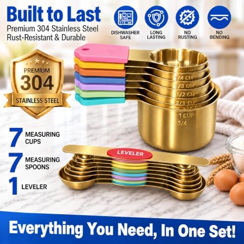 Magnetic Measuring Cups & Spoons Set, Strong N45 Magnets, Heavy Duty Stainless Steel Fits in Spice Jars for Baking & Cooking, BPA Free, Round Set of 15 with Leveler,Gold&Colorful - Image 3