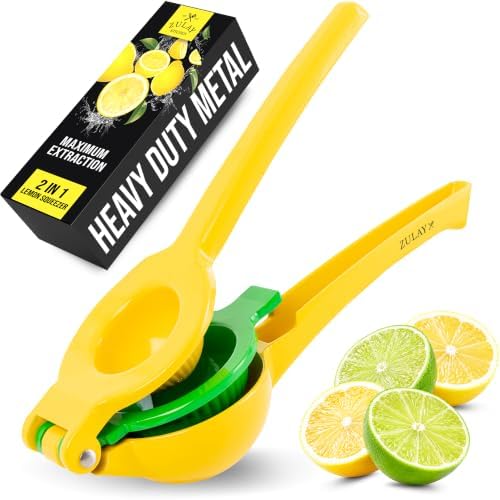 Zulay Metal 2-In-1 Lemon Squeezer Manual - Sturdy, Max Extraction Hand Juicer Lemon Squeezer Gets Every Last Drop - Easy to Clean & Use Citrus Juicer-Yellow/Green by ZulayKitchen