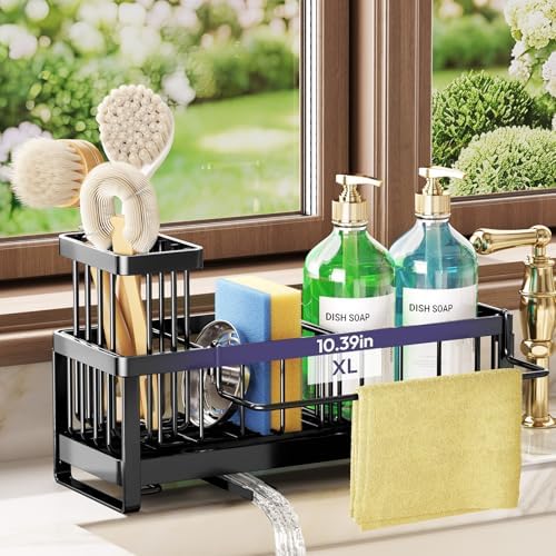SWTYMIKI Sponge Holder for Kitchen Sink - Sink Caddy with Brush Holder Self-draining Sponge Caddy Organizer with Divider Stainless Steel Kitchen Accessories Storage for Countertop, Black - Large by SwtyMiki-TidyHomeSweetLife