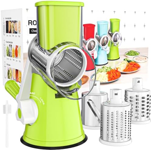 Cambom Rotary Cheese Grater Hand Crank Cheese Shredder for Fresh Cheese, Vegetable, Nuts,Non-slip Suction Base，Three Blades,Green by Cambom