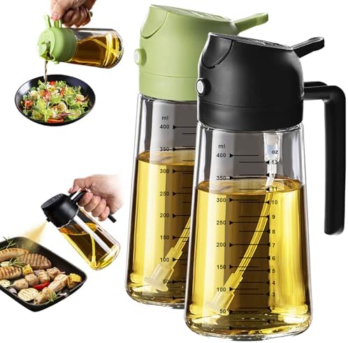 TrendPlain 16oz/470ml Glass Olive Oil Sprayer for Cooking – 2 in 1 Olive Oil Dispenser Bottle for Kitchen Gadgets and Air Fryer Accessories, Salad, BBQ - Black & Green by TrendPlain