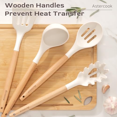 Astercook Kitchen Utensils set, 39 PCS Silicone Cooking Utensils Set with Wooden Handle, 446°F Heat Resistant Food Grade Utensil Sets, BPA Free Kitchen Gadgets Tools Set for Nonstick Cookware (Cream) - Image 5