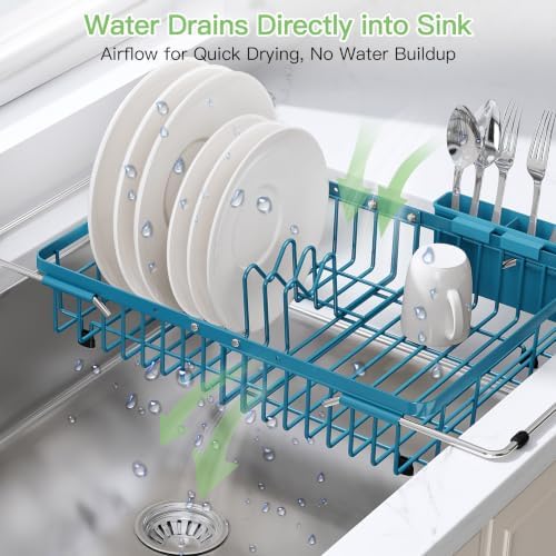 JASIWAY Blue Dish Drying Rack Over the Sink with Utensil Holder - Image 6