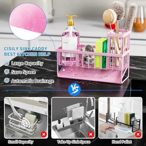 Cisily Pink Kitchen Sink Caddy Organzier with High Brush Holder, Sponge Holder for Sink, 304 Rustproof Stainless, Kitchen Countertop Soap Dispenser Organizer - Image 2