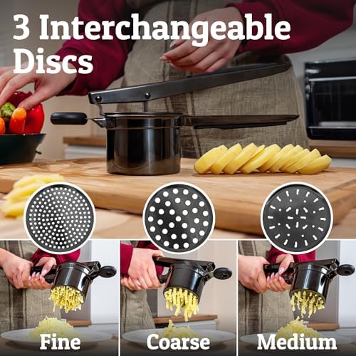 PriorityChef Large 15oz Potato Ricer With 3 Discs, Heavy Duty Stainless Steel Potato Ricer for Mashed Potatoes, Potato Masher, Press and Ricer Kitchen Tool, All Black - Image 3