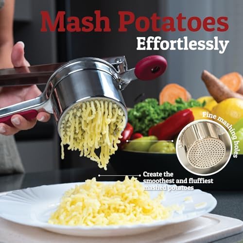 PriorityChef Large 15oz Potato Ricer, Heavy Duty Stainless Steel Potato Masher and Ricer Kitchen Tool, Press and Mash Kitchen Gadget For Perfect Mashed Potatoes - Everytime, Red - Image 2