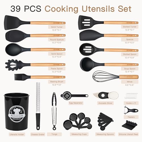 Astercook 39 PCS Kitchen Utensils Set, Silicone Cooking Utensil Sets with Wooden Handle, 446°F Heat Resistant Food Grade Spatula Set, BPA Free Kitchen Gadgets Tools Set & Spoons for Nonstick Cookware - Image 2