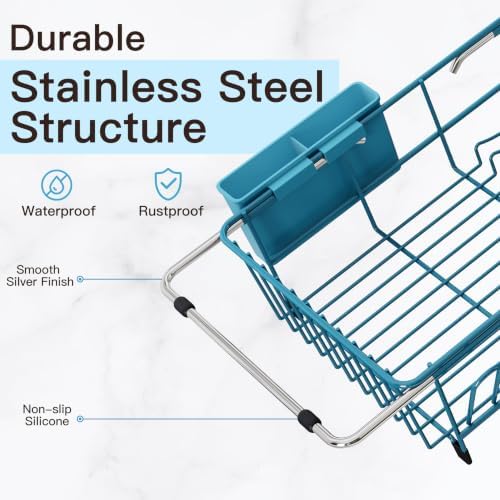 JASIWAY Blue Dish Drying Rack in Sink, Dish Drainer with Utensil Holder - Image 5