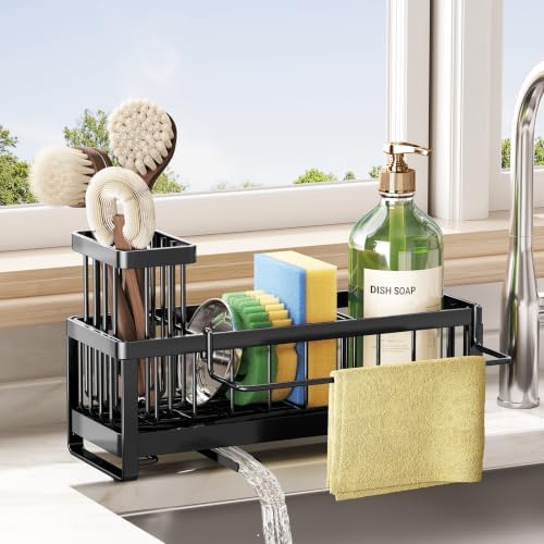 SWTYMIKI Sponge Holder for Kitchen Sink - Sink Caddy with Brush Holder Self-draining Sponge Caddy Organizer with Divider Stainless Steel Kitchen Accessories Storage for Countertop, Black by SwtyMiki-TidyHomeSweetLife