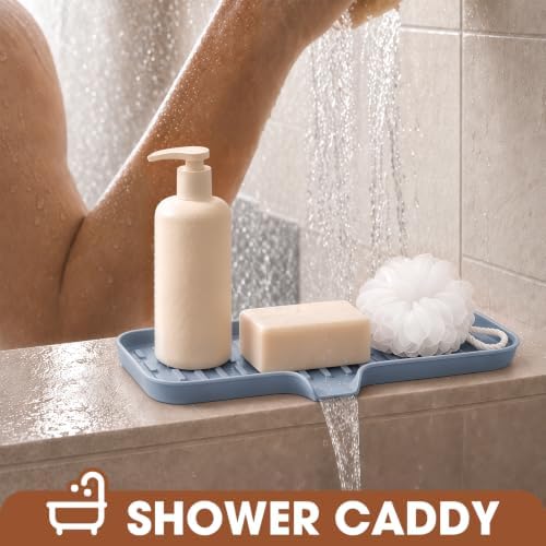 CAKETIME 2 Pack Silicone Soap Dish with Drain Spout for Bathroom Shower Caddy Kitchen Counter Sponge Holder Bar Sink Organizer Tray Container Drying Accessories Small Case Saver Box Stuff Blue Large - Image 3