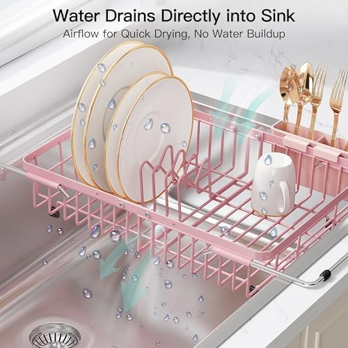 JASIWAY Pink Dish Drying Rack Over the Sink with Utensil Holder - Image 6