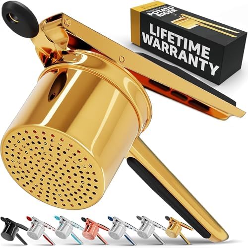 PriorityChef Large 15oz Potato Ricer, Heavy Duty Stainless Steel Potato Masher and Ricer Kitchen Tool, Press and Mash Kitchen Gadget For Perfect Mashed Potatoes - Everytime, Gold and Black by PriorityChef