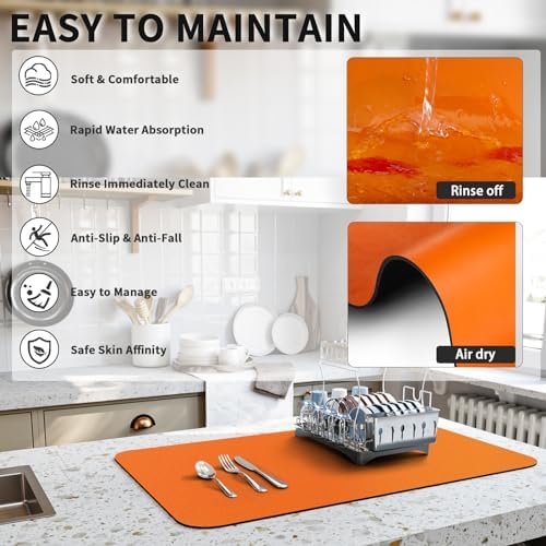 HotLive Dish Drying Mat for Kitchen Counter, Heat Resistant Drainer Mats with Non-slip Rubber Backed, Hide Stain Kitchen Super Absorbent Draining Mat, Easy to Clean Dish Rack Pad, Orange 18"x32" - Image 4