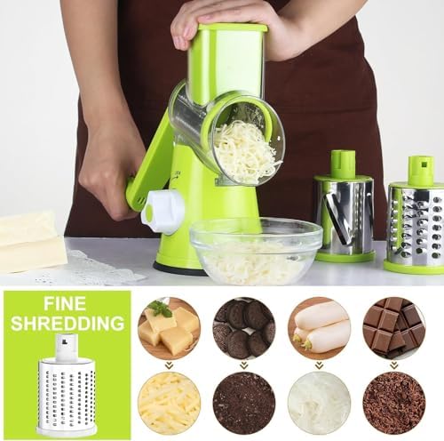 Cambom Rotary Cheese Grater Hand Crank Cheese Shredder for Fresh Cheese, Vegetable, Nuts,Non-slip Suction Base，Three Blades,Green - Image 2