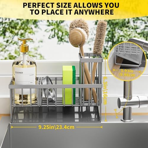 Cisily Sink Caddy Organzier with High Brush Holder, Sponge Holder for Sink, 304 Rustproof Stainless, Kitchen Countertop Soap Dispenser Organizer, Gray Kitchen Decor and Accessories - Image 2