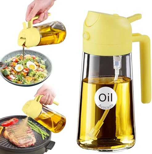YARRAMATE 16oz/470ml Glass Olive Oil Sprayer for Cooking with Stickers, 2 in 1 Oil Dispenser for Kitchen Gadgets, Food Grade Premium Spray Bottle for Salad, Frying, BBQ (Pomelo) by YARRAMATE