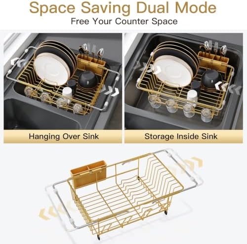 JASIWAY Gold Dish Drying Rack in Sink, Dish Drainer with Utensil Holder - Image 2