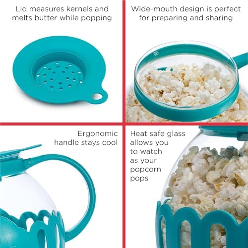 Ecolution Patented Micro-Pop Microwave Popcorn Popper with Temperature Safe Glass, 3-in-1 Lid Measures Kernels and Melts Butter, Made Without BPA, Dishwasher Safe, 3-Quart, Teal - Image 6