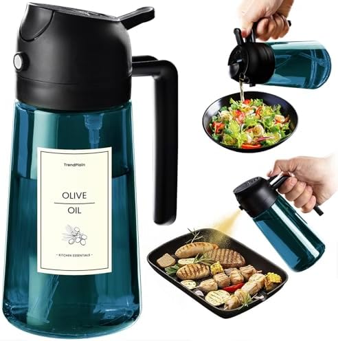TrendPlain 16oz/470ml Blue Glass Olive Oil Sprayer for Cooking - 2 in 1 Olive Oil Dispenser for Kitchen Gadgets, Air Fryer, Salad, and BBQ - Black by TrendPlain