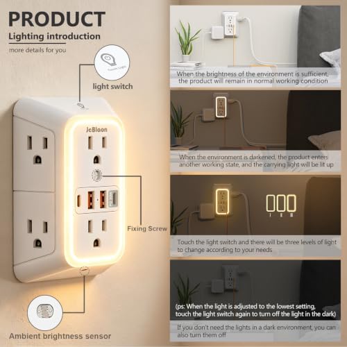 Wall Outlet Extender with Night Light, Power Plug Adapter Multi Plug Outlet Surge Protector with 4 USB Charging Ports (2 USB C), Adapter Spaced Outlets for Home Travel Office-ETL - Image 5