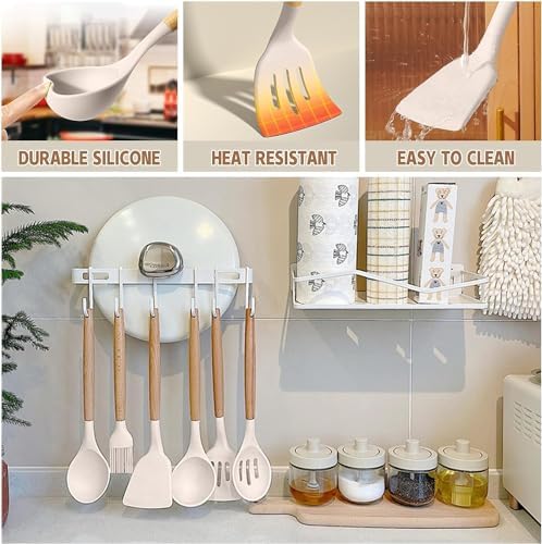 Umite Chef Kitchen Cooking Utensils Set, 33 pcs Non-Stick Silicone Cooking Kitchen Utensils Spatula Set with Holder, Wooden Handle Silicone Kitchen Gadgets Utensil Set (Khaki) - Image 5