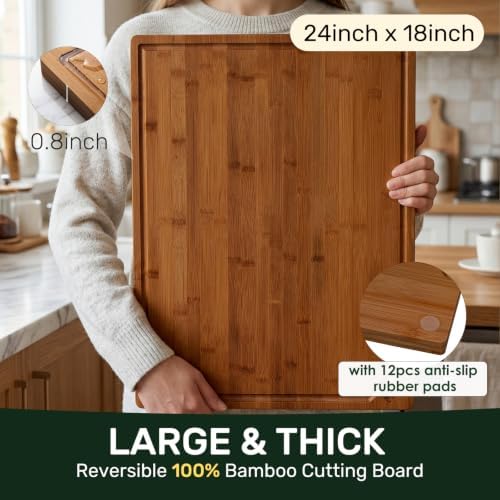 Kikcoin 17”×11” Deep-Carbonized Bamboo Cutting Boards for Kitchen, Healthy Wooden Cutting Boards for Kitchen, Charcuterie, Vegetables, Extra Large Chopping Boards with Deep Juice Groove and Handle - Image 6